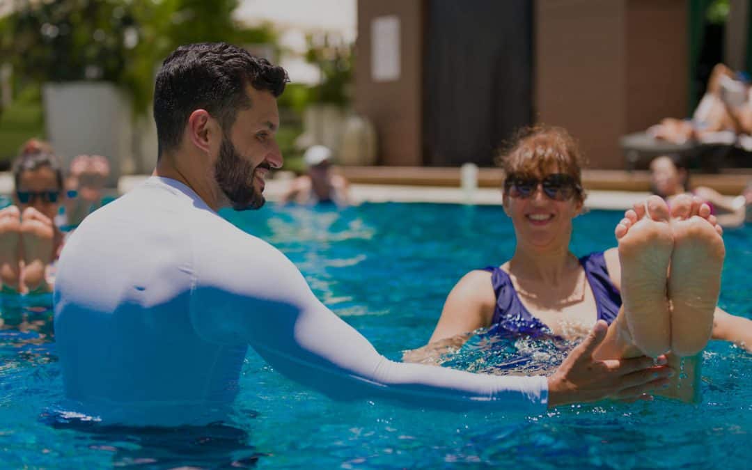 get back to fitness with women enjoying aqua workout with instructor Yannick Dedigama